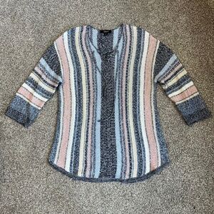 Striped Knit Pullover Sweater Pink Blue Cream Lace Up Tie 3/4 Sleeve, Size Large